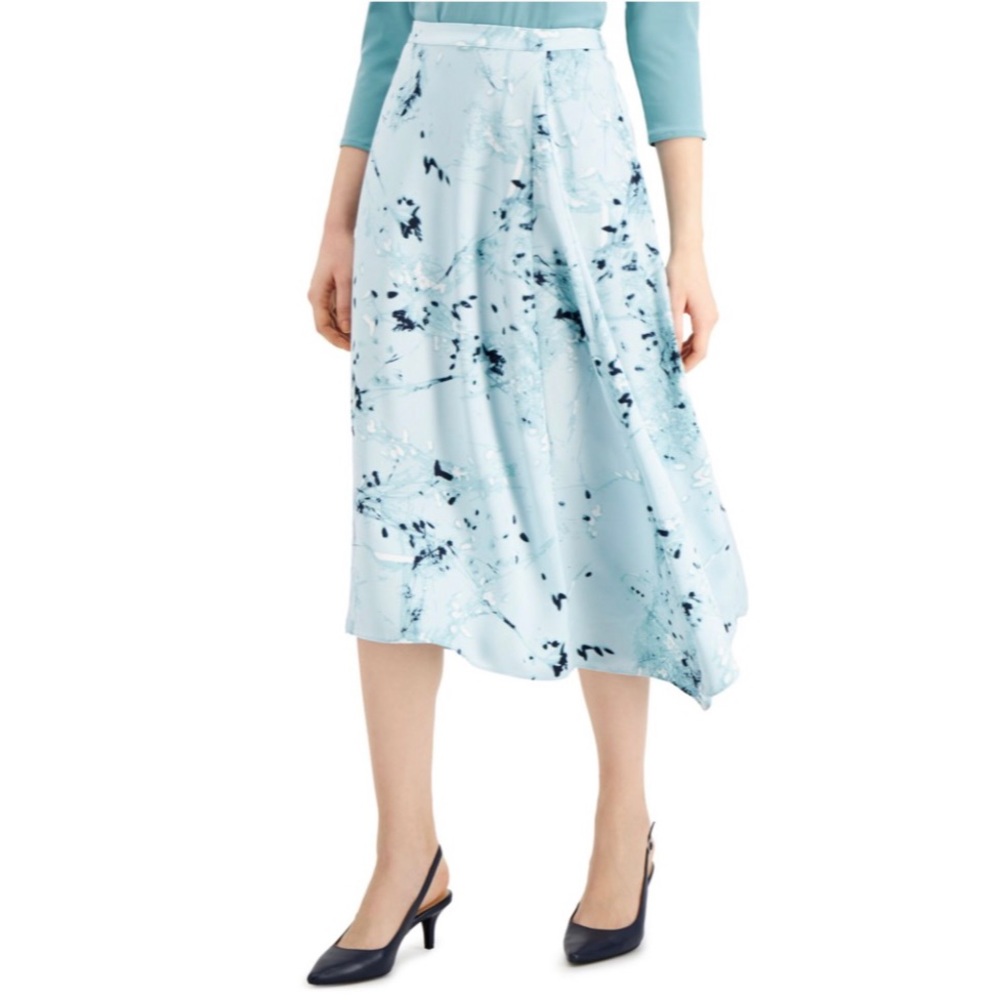 Alfani Blue Floral Asymmetrical Pull On Midi Aline Slip Skirt Women 4 S NEW $75